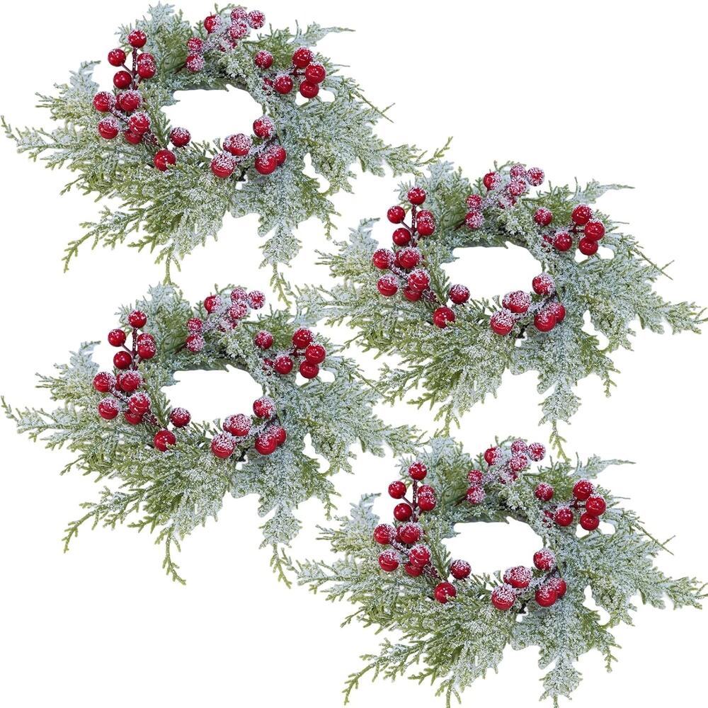 4 Pcs Artificial Snowy Cedar Candle Rings Red Berry